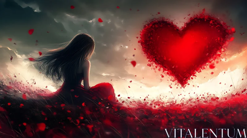 Woman in Red with Luminescent Heart Sky.