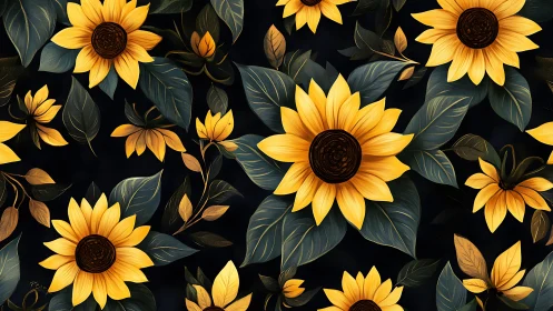 Golden Sunflowers Dancing Against Deep Dark Backdrop.