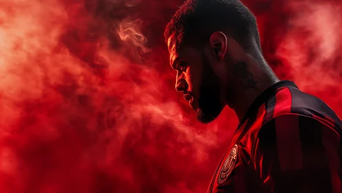 Brooding football warrior in molten red stadium haze.