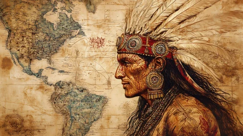 Indigenous profile merges with antique cartographic world map