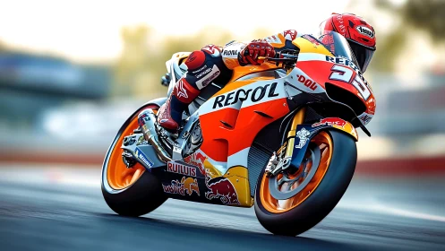 Motorcycle racer on Repsol Honda leaning through racetrack corner.