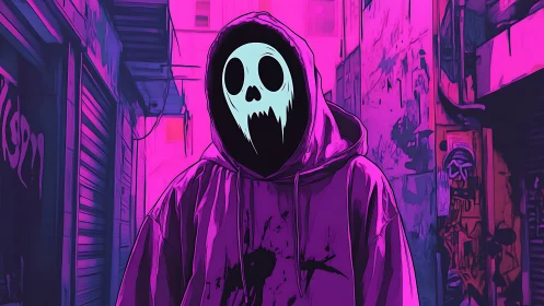 Hooded ghost figure in neon pink urban alleyway scene.