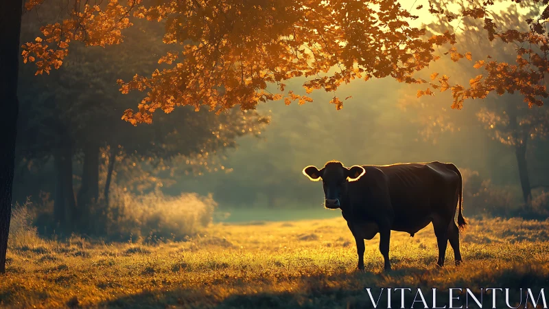 Solitary cow standing in warm backlit forest clearing.