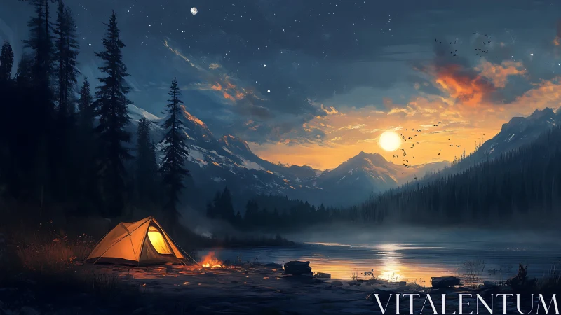 Lone mountain campsite glows beside misty starlit lake