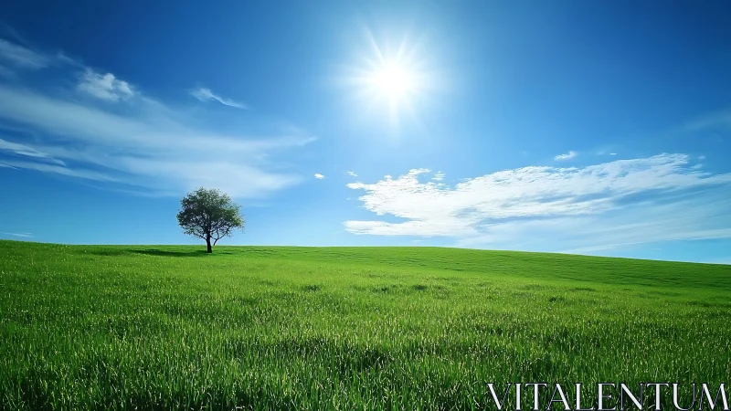 Sunlit green hillside with a solitary tree inviting rest.