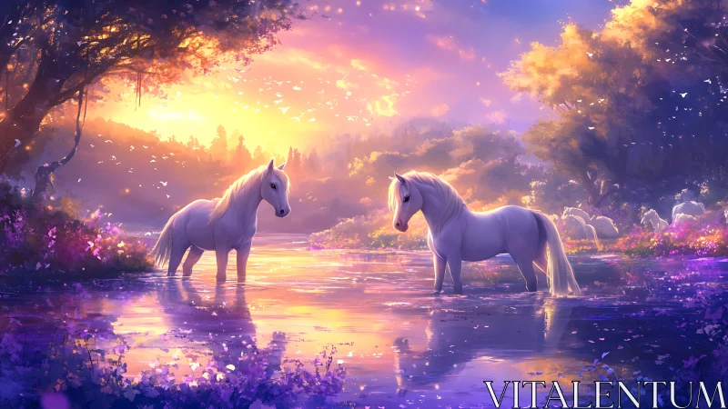 Bioluminescent twilight river with unicorn pair in bloom