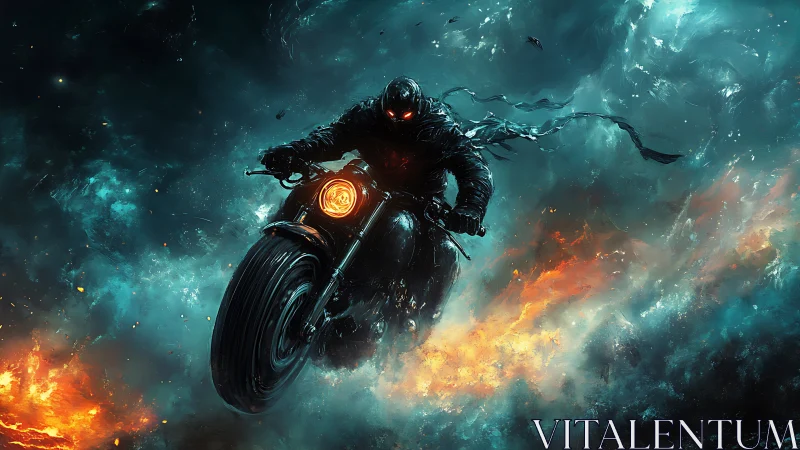 Ghostly rider drives burning motorcycle through storm