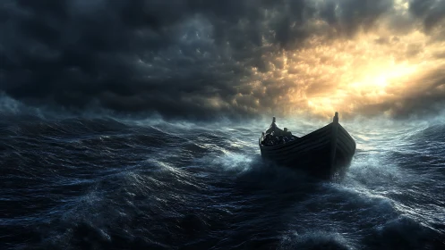 Wooden boat crossing stormy sea toward distant light.