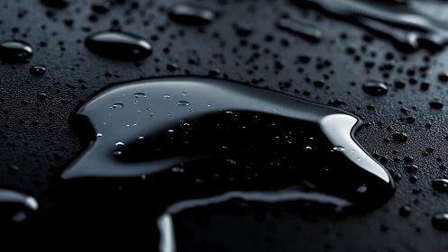 Gleaming dark water droplets resting on a smooth surface.