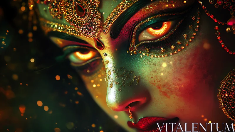 Mythic goddess portrait renders jeweled gaze in neon chiaroscuro