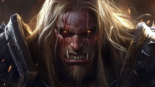 Savage undead warrior portrait with burning demon eyes.