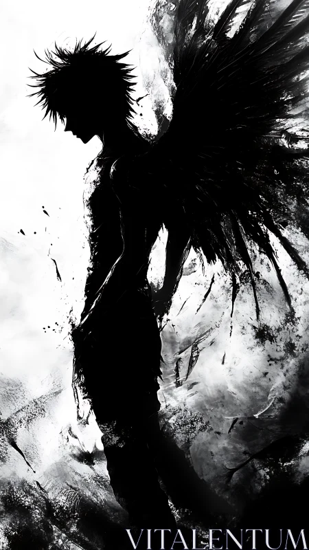 Silhouetted winged figure rendered in stark monochrome contrast