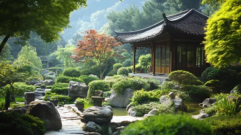 Quiet pavilion drifts in a sea of sculpted emerald garden.
