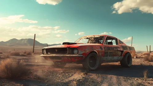 Weathered muscle car on dusty desert track at sunset.
