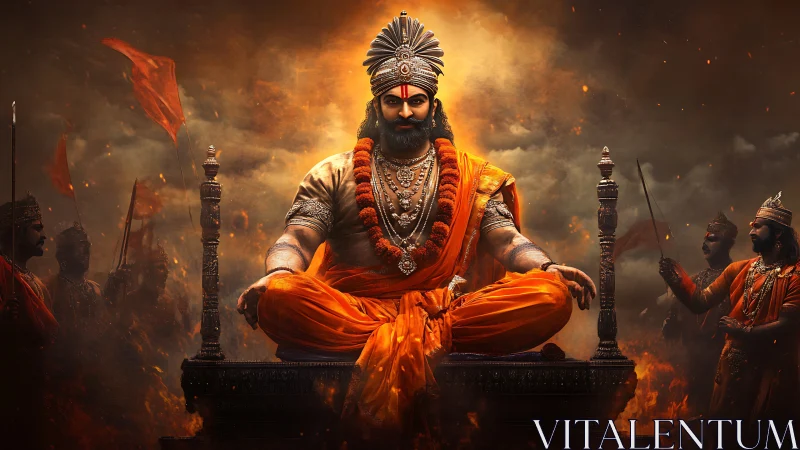 Warrior king in orange robes sits on ornate throne amid flames