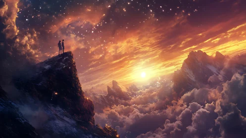 Stargazing wanderers on a cloud-swept ember horizon.