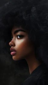 Profile portrait shows stylized woman with voluminous dark hair