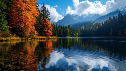 Golden autumn forest reflects softly across a calm blue lake