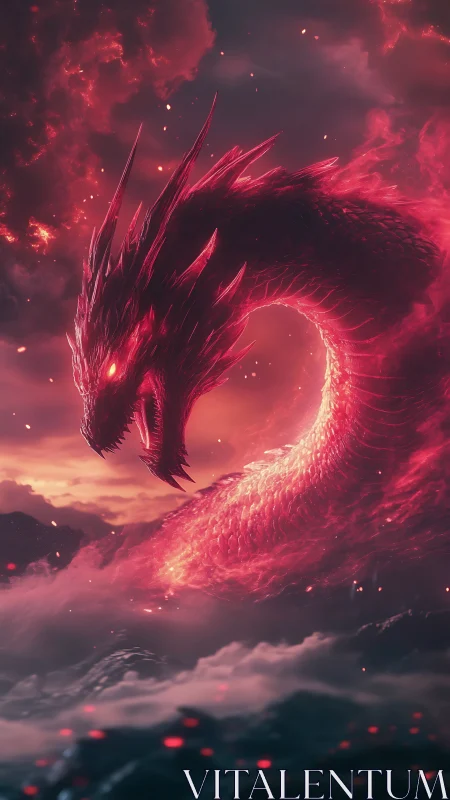 Infernal crimson dragon coiled above storm-lit volcanic sea.