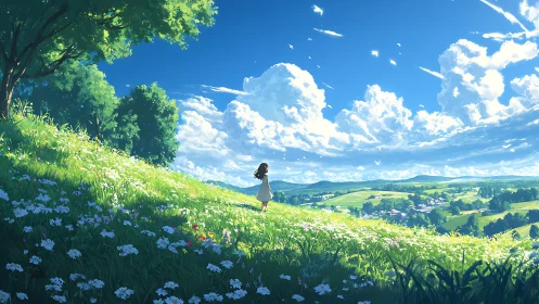 Girl overlooks sunlit meadow under vast summer clouds.