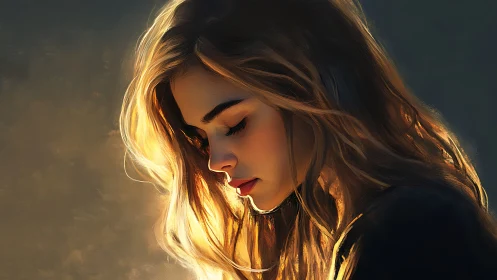 Side-lit contemplative woman in warm golden rim lighting study