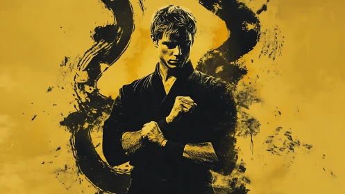 Martial artist silhouette emerges from ink-splatter dragon form