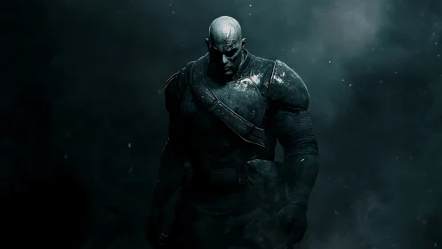 Armored humanoid figure stands in low-key, smoky lighting