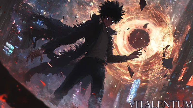 Cyberpunk vortex sorcerer in neon megacity, dynamic composition.