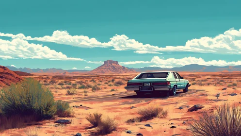 Classic sedan pauses in a sunlit desert highway daydream