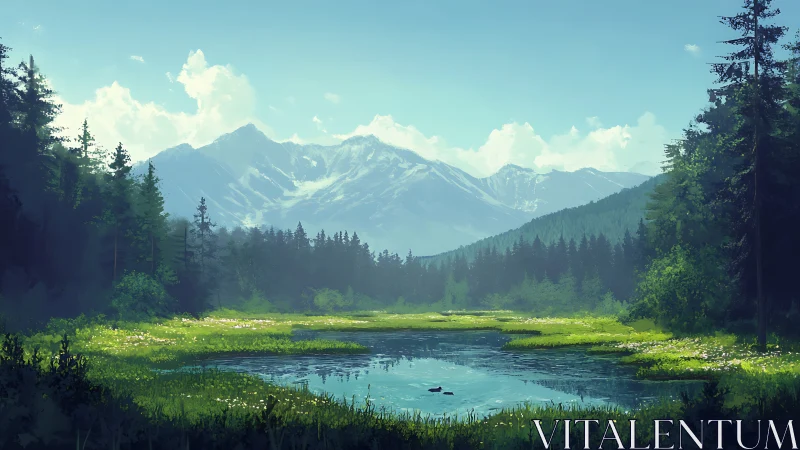 Mountain lake in dense forest with clear summer sky.