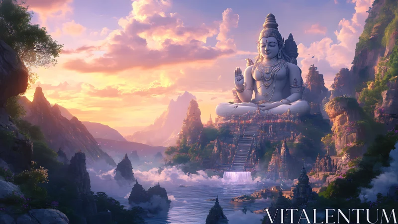 Large seated statue overlooks terraced valley at sunrise