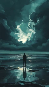 Solitary figure studies turbulent teal sky over reflective shore
