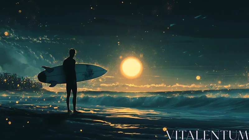 Surfer in moonlit waves, quietly waiting for the next ride.
