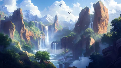 Misty tiered waterfalls amid towering red rock cliffs.