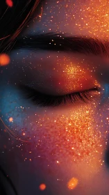 Dreamlit eyelid bathed in glowing cosmic freckles.