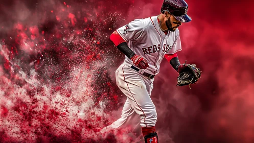 Baseball player in Red Sox uniform amid red particle field.