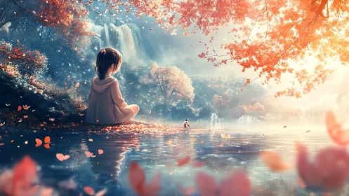 Dreamy lakeside girl amid falling petals and waterfalls.