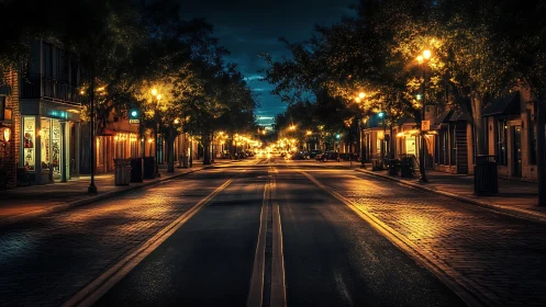 Photorealistic nocturne of empty cobblestone main street perspective.