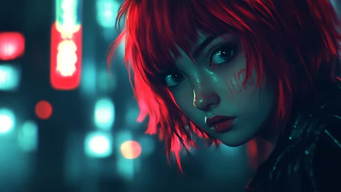 Cyberpunk girl stares back under neon city lights