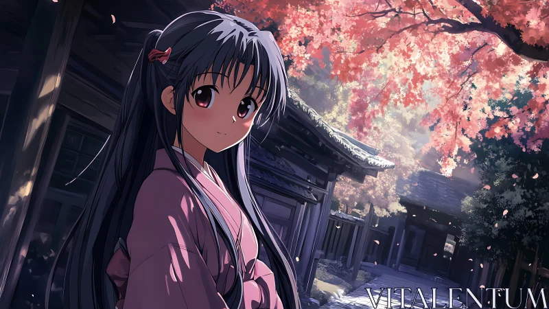 Anime girl in pink kimono under autumn maple trees outdoors.