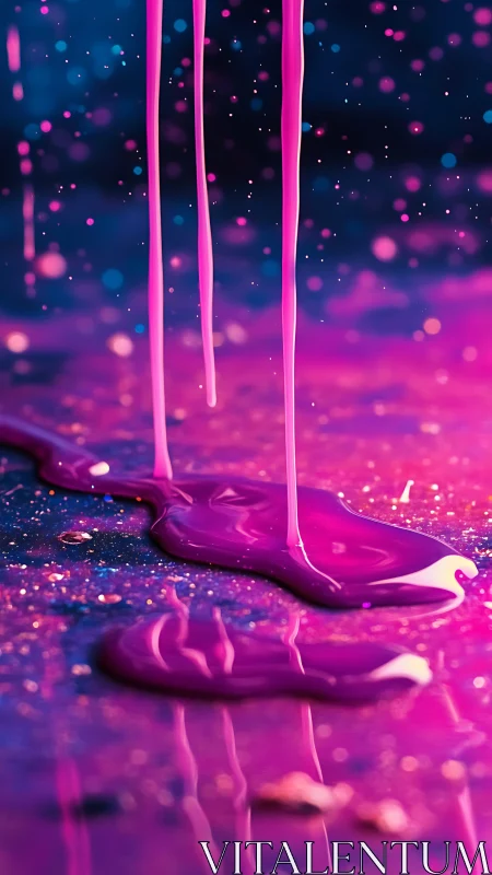 Neon pink paint drips over glittering violet surface.