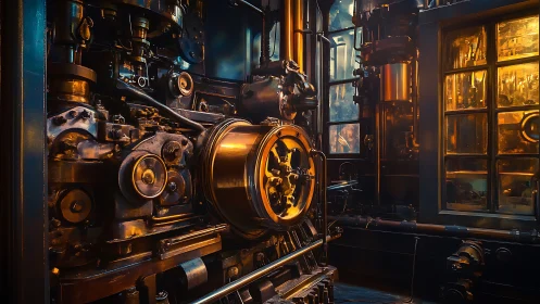Brassheart Engine Room Humming in Amber Midnight Glow.