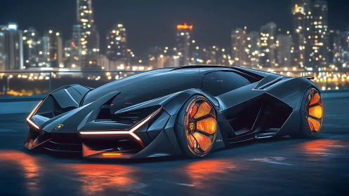 Futuristic hypercar with neon wheels on night city rooftop.
