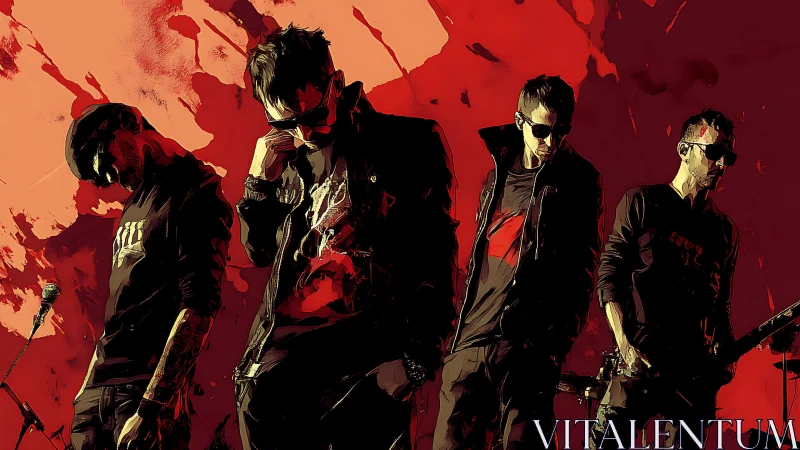 Rock band illustration against abstract red background.