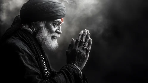 Elderly man in profile with folded hands and turban pose.