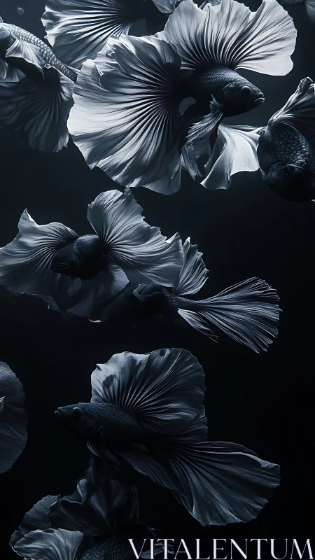 Monochrome betta fish with flowing fins in dark water.