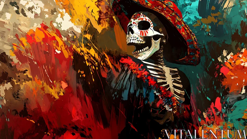 Skeletal figure in hat within dense abstract color field.