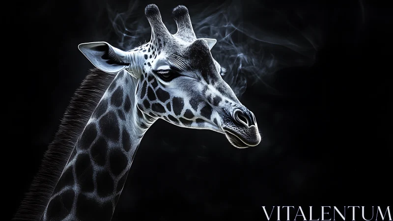 Bioluminescent giraffe portrait on black with smoke trails