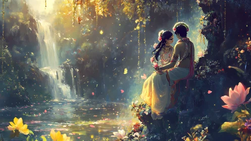 Luminous Encounter by Enchanted Waterfall.