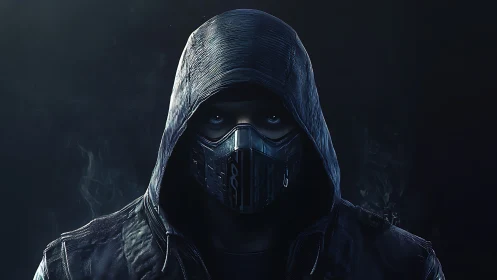 Hooded cyberpunk vigilante with metallic mask in shadow.